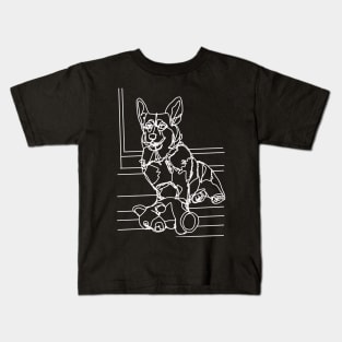 Dog Art Toy Bear and his Corgi White Line Drawing Kids T-Shirt